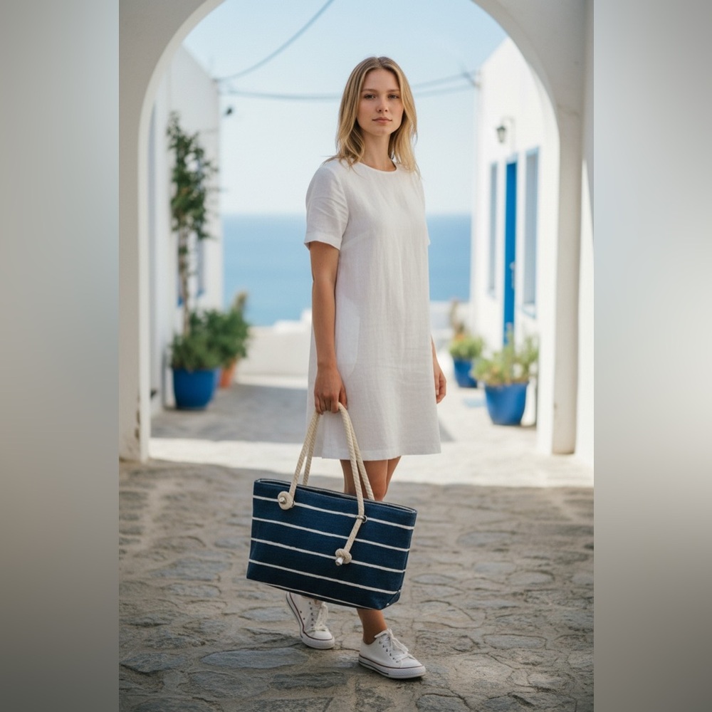 Kate Spade New York Nautical Navy/White Striped Tote Bag w/ Robe Handles Classic